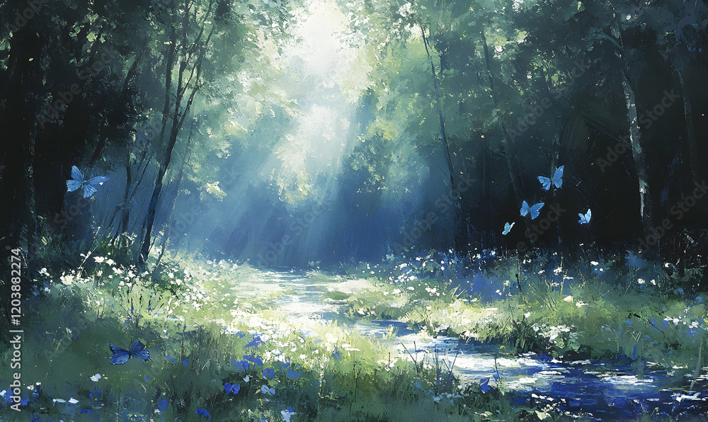 Obraz premium Enchanting sunlit forest path, meandering stream, vibrant wildflowers, and ethereal blue butterflies. A magical, serene nature scene perfect for relaxation and tranquility.