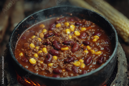 Savory stew bubbling over a rustic fire, celebrating the richness of local ingredients in a warm, inviting atmosphere photo