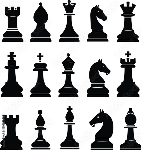 Silhouette of chess, Black silhouettes of Chess checkmate, Set of chess vector icons, Chess icon set, Silhouettes of chess pieces, Chess checkmate silhouettes set, Chess, King, Piece, Queen, Horse