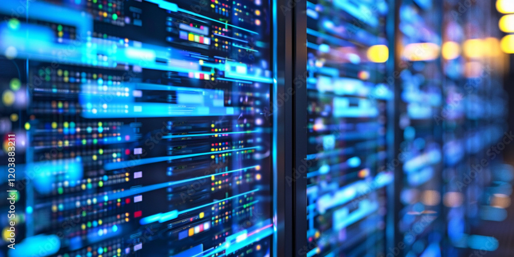Modern Data Servers with Blue Lights, High-Tech Networking Equipment in Server Room
Modern Data Servers with Blue Lights, High-Tech Networking Equipment in Server Room