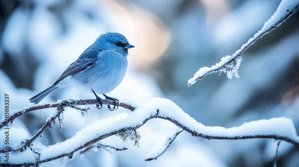 A bird perched on a snow-covered branch in a wintery forest scene. A bird perched on a snow-covered branch in a wintery forest scene.