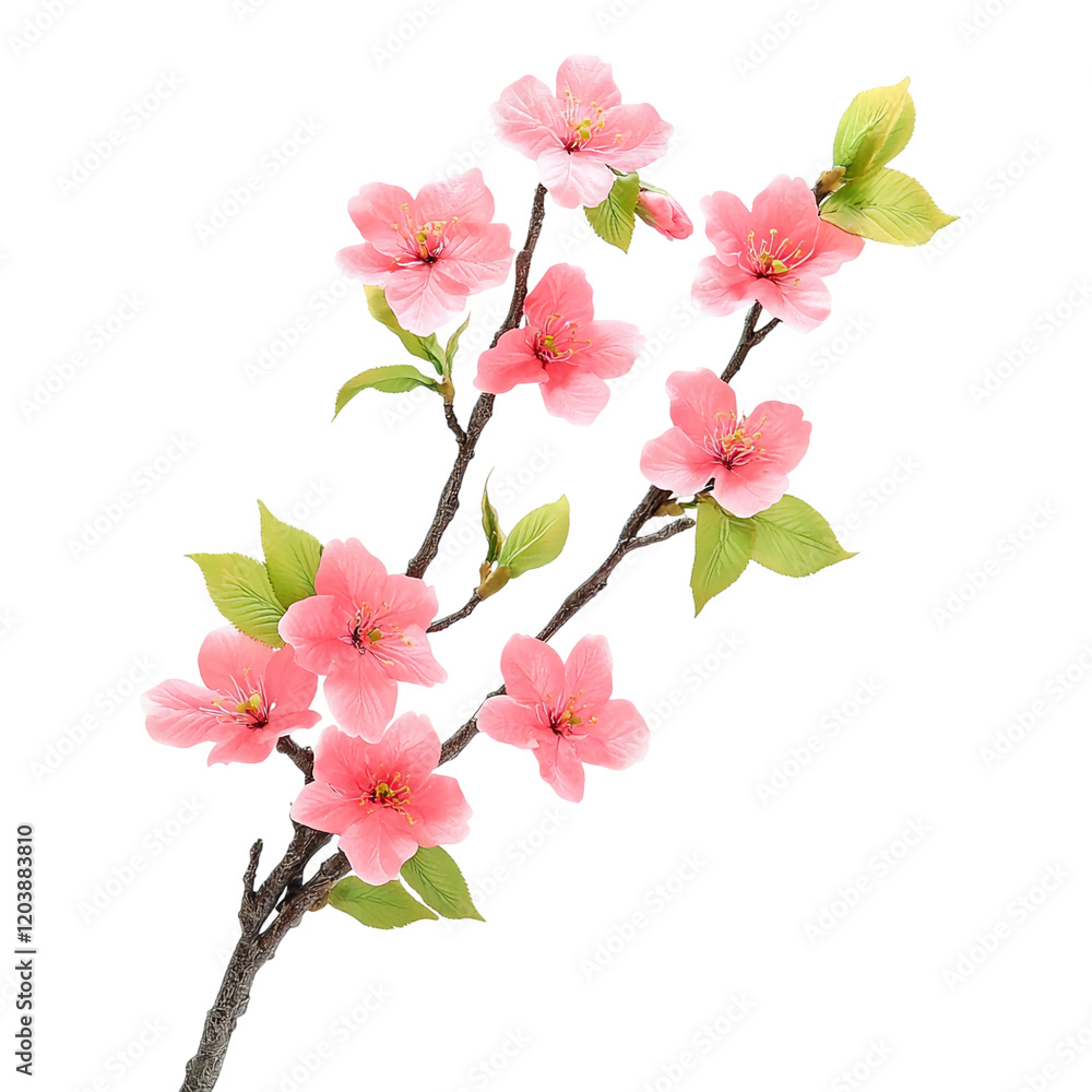Cherry blossom branch with pink flowers and green leaves isolated on a transparent background, png image, cut out Cherry blossom branch with pink flowers and green leaves isolated on a transparent background, png image, cut out