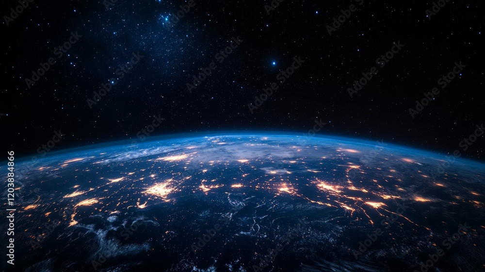 Obraz premium A breathtaking view of Earth at night, as seen from space, with twinkling city lights illuminating the planet against a backdrop of a vast, star-studded sky.