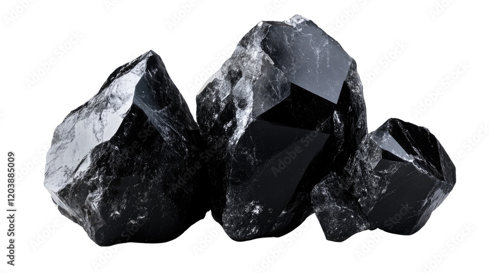 Fototapeta premium Black Obsidian Crystals: A close-up view of three sharp, black obsidian crystals. Their glassy, opaque surface and rough edges capture the raw power and beauty of this ancient gemstone.