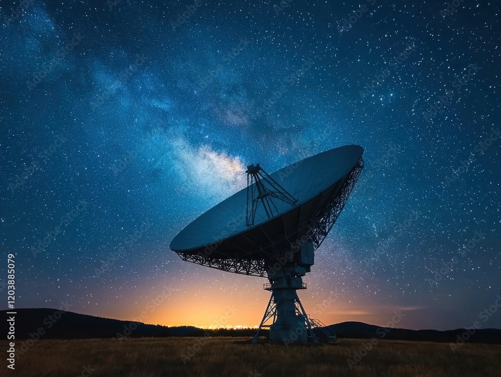 Satellite dish under a starry sky at twilight, capturing signals. Satellite dish under a starry sky at twilight, capturing signals.