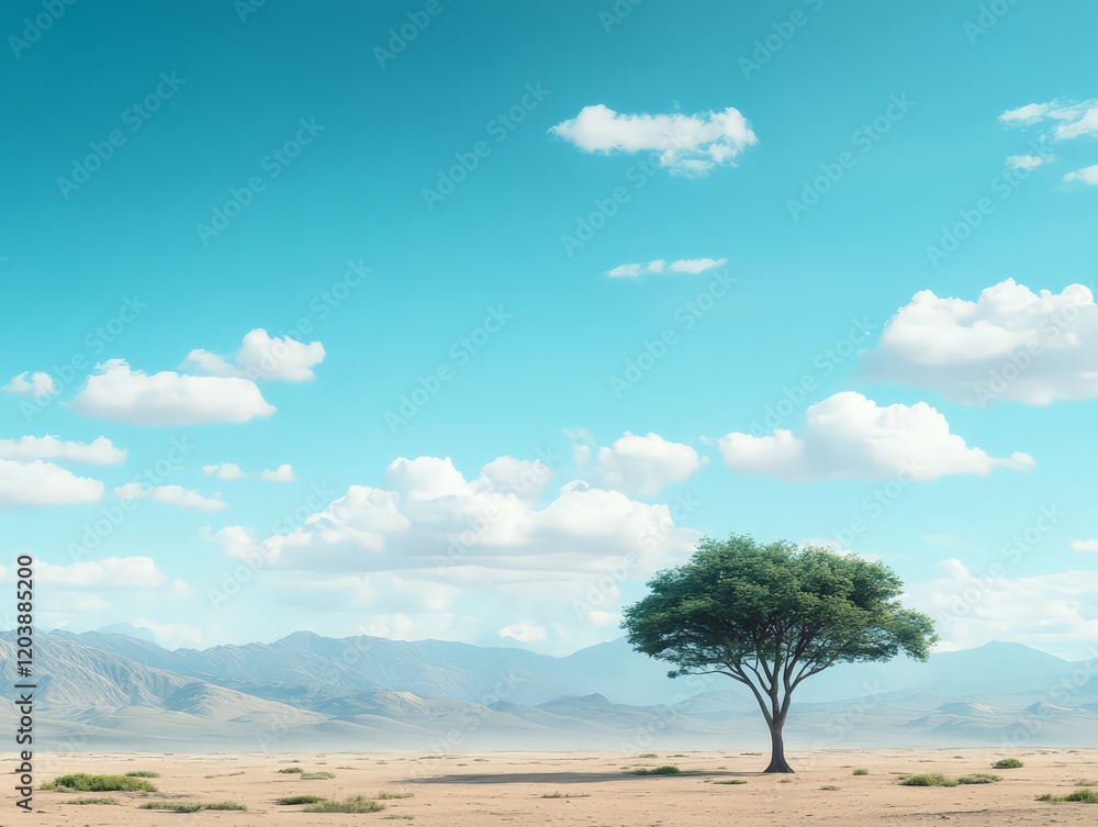 A single, resilient tree stands tall against the backdrop of a vast desert landscape. A single, resilient tree stands tall against the backdrop of a vast desert landscape.