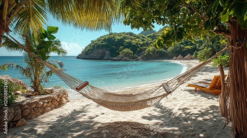 Tranquil Beach Scene with Hammock, Lush Greenery, and Clear Blue Water for Relaxation and Vacation