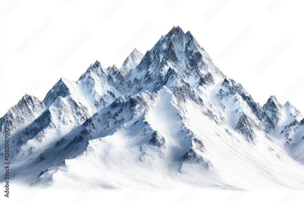 Obraz premium Snow-capped mountain range, isolated, winter, majestic peaks, white background, nature backdrop, advertising