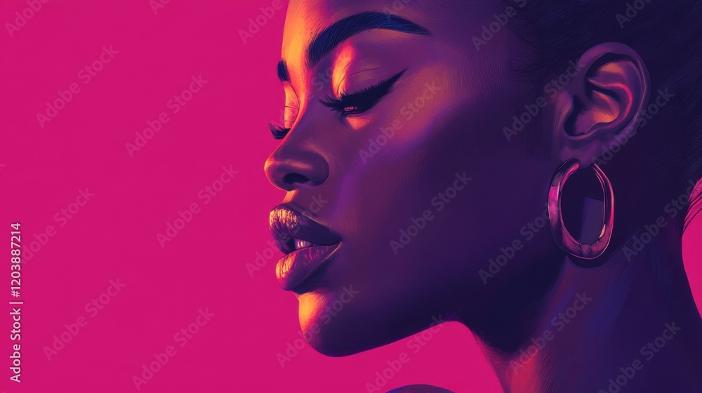 Portrait of a woman with striking features and bold makeup against a vibrant pink background Portrait of a woman with striking features and bold makeup against a vibrant pink background