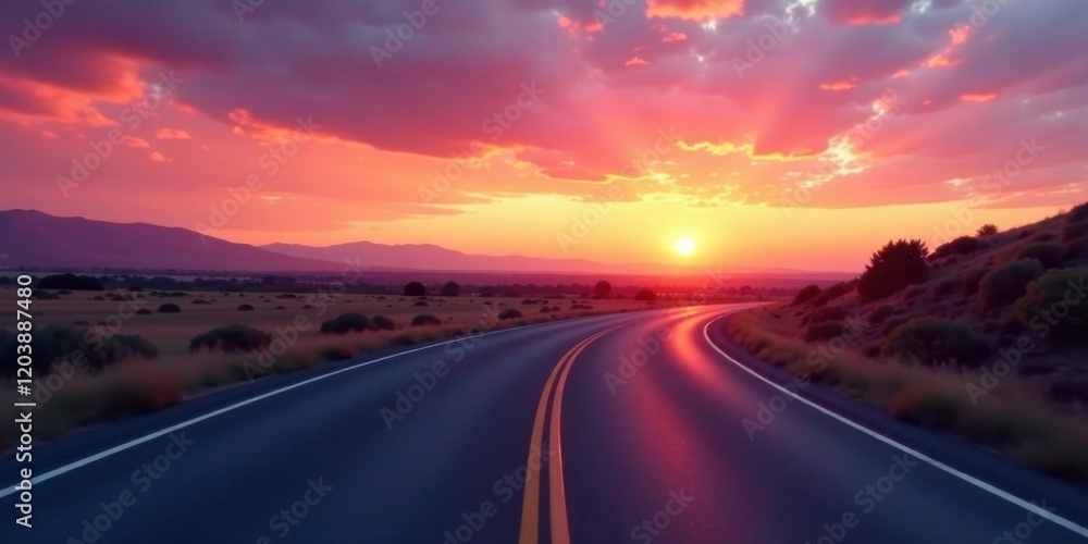 Fototapeta premium Serene Sunset Highway Journey A Winding Asphalt Road Leads Towards a Vibrant, Colorful Horizon