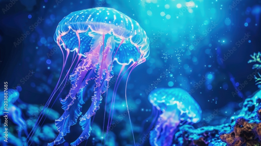 Fototapeta premium Neon Jellyfish Glowing Underwater in Dark Ocean