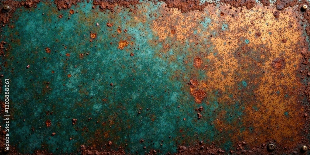 A richly textured metallic surface displaying a captivating blend of teal and rust hues, ideal for artistic expression or design projects. A richly textured metallic surface displaying a captivating blend of teal and rust hues, ideal for artistic expression or design projects.