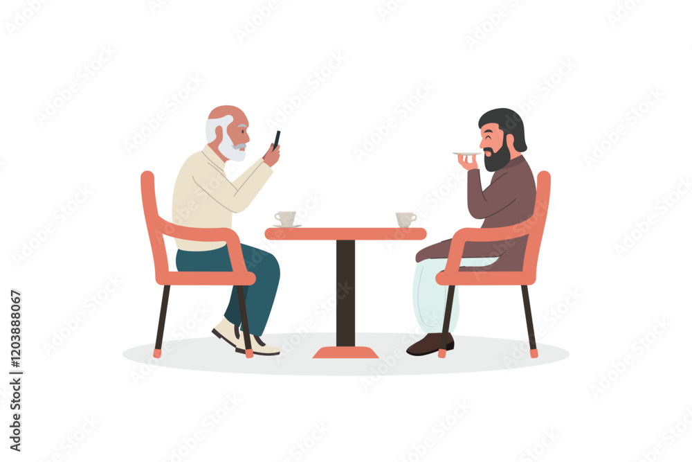 two men are sitting at a table. drinking tea or coffee Vector illustration two men are sitting at a table. drinking tea or coffee Vector illustration