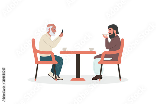 two men are sitting at a table. drinking tea or coffee Vector illustration