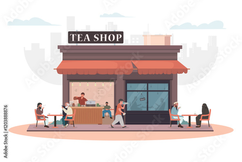 tea shop exterior people sitting outside cafe drinking tea, coffee vector illustration