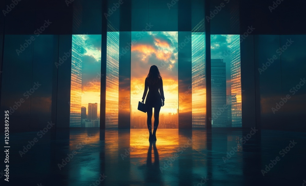 Fototapeta premium Businesswoman in Front of Cityscape at Sunset