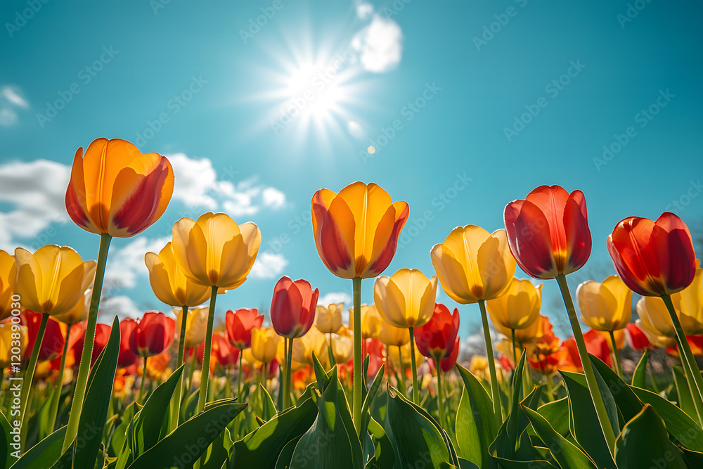 Vibrant Tulip Field Under Sunny Blue Sky Vibrant Tulip Field Under Sunny Blue Sky