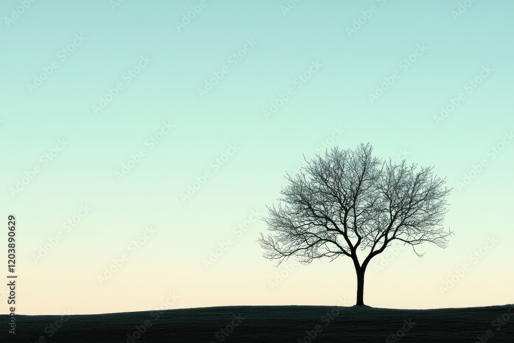 Lonely tree stands against a pastel sky at dusk, evoking peace and reflection in a tranquil landscape Lonely tree stands against a pastel sky at dusk, evoking peace and reflection in a tranquil landscape