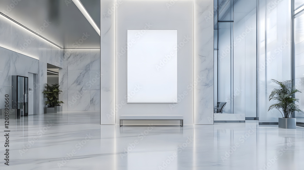 Sleek gallery setup with a central display board. with copy space, 3d rendering Sleek gallery setup with a central display board. with copy space, 3d rendering