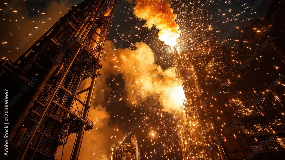 The sky is filled with fiery sparks as workers weld metal structures inside a towering petrochemical plant, lighting up the dark industrial landscape with bright embers.