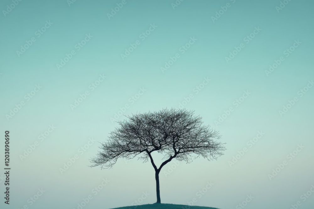 Lonely tree stands alone against the vast sky as dusk settles in the serene landscape Lonely tree stands alone against the vast sky as dusk settles in the serene landscape