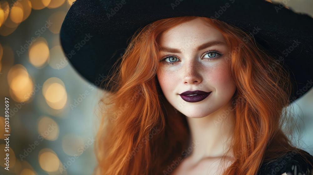 Enchanting Redhead with Freckles and Black Hat in Soft Focused Light Enchanting Redhead with Freckles and Black Hat in Soft Focused Light