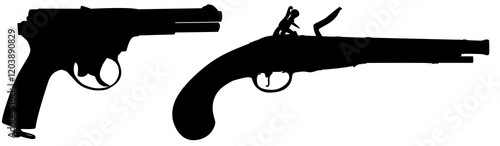 vector handgun pictogram Black Silhouette of pistol collection Silhouette black and white illustrations of various firearms including rifles, shotguns, pistols, and submachine guns. For military, law 