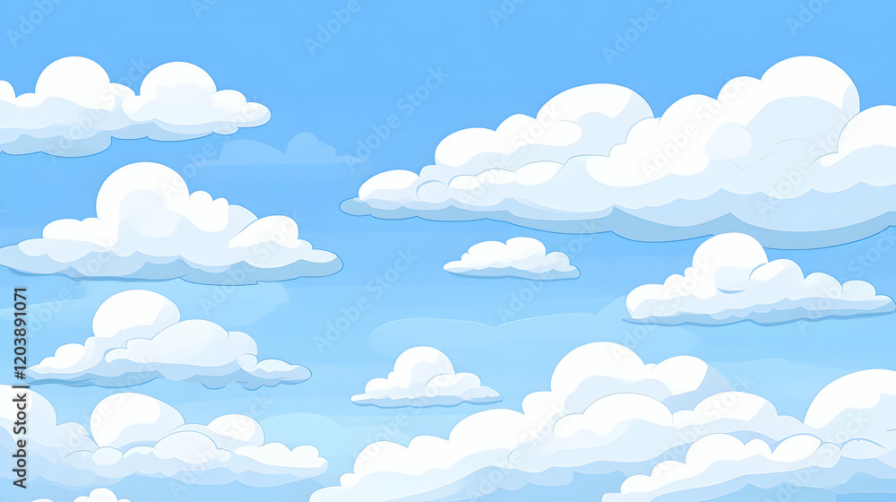 Fluffy white clouds drift across a bright blue summer sky, perfect for cheerful backgrounds or children's illustrations Fluffy white clouds drift across a bright blue summer sky, perfect for cheerful backgrounds or children's illustrations
