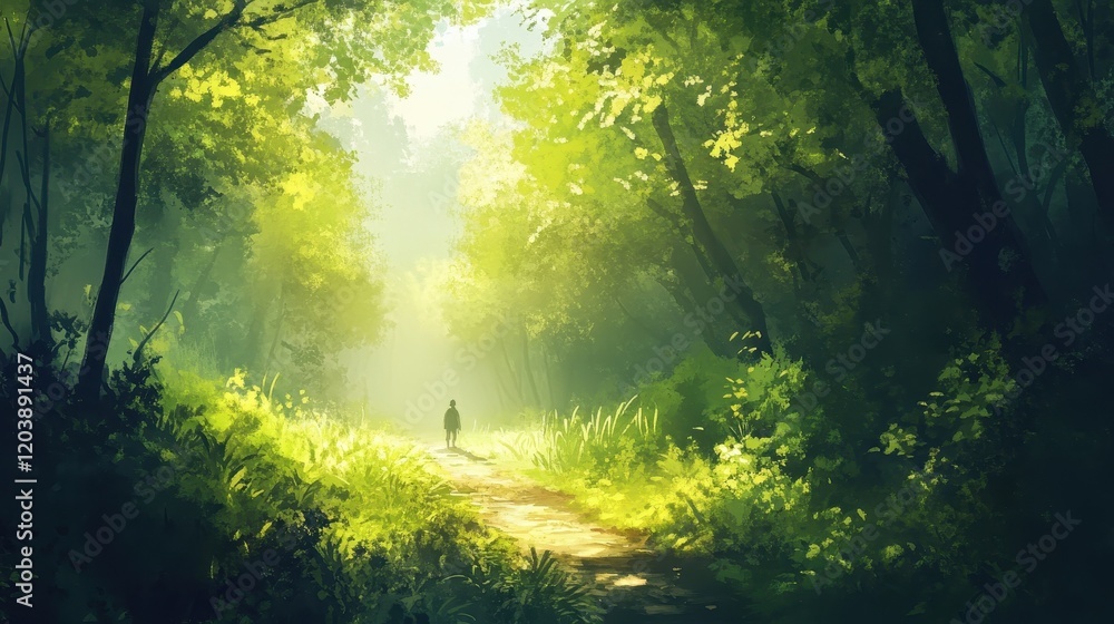 A person is walking down a path in a forest A person is walking down a path in a forest