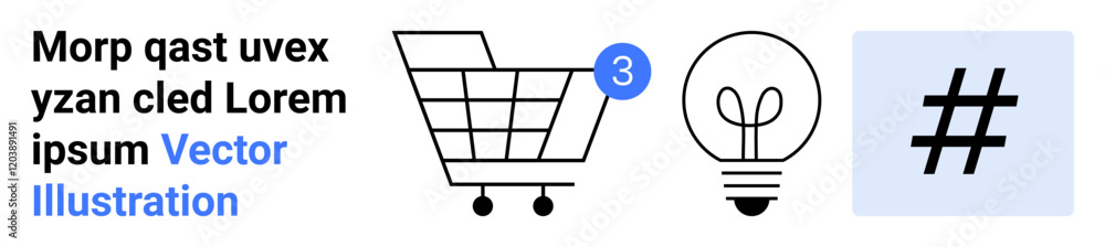 Fototapeta premium Shopping cart with notification, light bulb, and metadata tag symbol in black and white with blue highlights. Ideal for e-commerce, social media, marketing strategies, innovative ideas