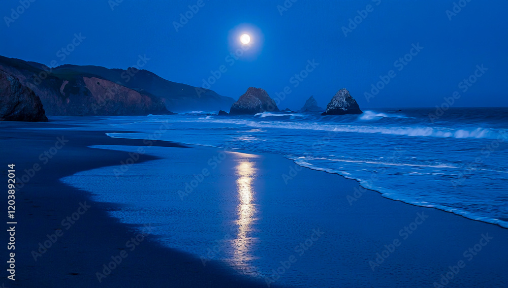 A serene beach at night, with the soft glow of the moonlight reflecting on the gently rolling sea waves, creates a peaceful and enchanting atmosphere. A serene beach at night, with the soft glow of the moonlight reflecting on the gently rolling sea waves, creates a peaceful and enchanting atmosphere.