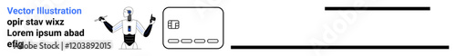 Robot with outstretched arms, credit card, placeholder text, and lines for context. Ideal for educational materials, financial technology, AI demonstrations, teaching aids, online courses marketing