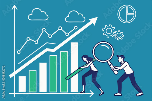 Business growth, data analysis, teamwork, upward trend graph, magnifying glass, blue background, minimalist illustration, flat design, infographic style, cloud icons, green data points, business peopl photo