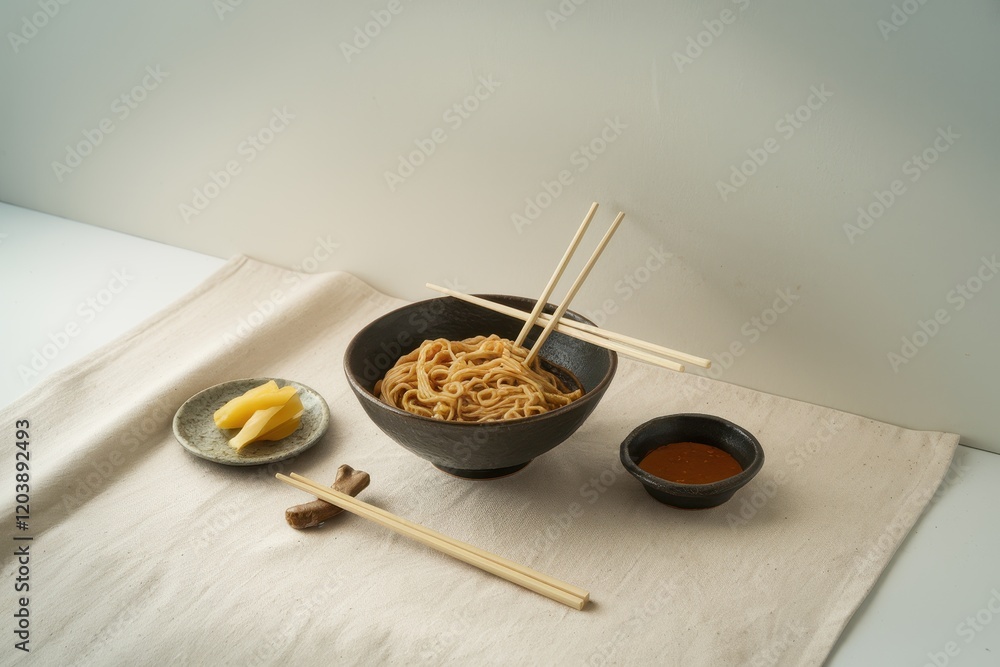 Fototapeta premium Delicious Noodles Served in a Dark Bowl with Chopsticks and Sauce
