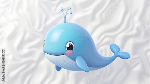 Adorable blue cartoon whale with a shiny texture, smiling cheerfully. Minimalist style on a smooth white background. Concept of happiness. Ai generative photo