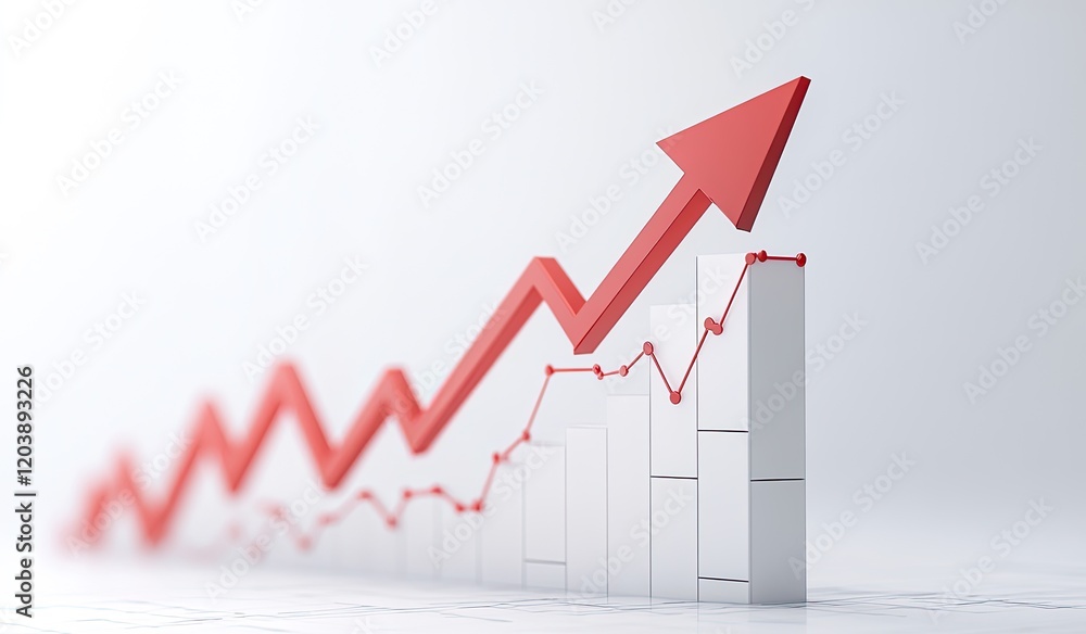 3D Red Arrow Pointing Upwards, Minimalist 2D Illustration on White Background 3D Red Arrow Pointing Upwards, Minimalist 2D Illustration on White Background