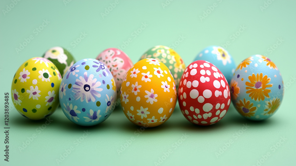 Fototapeta premium decorated easter eggs on light green background