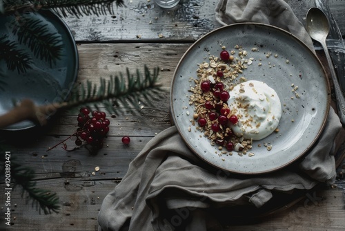 Rustic dessert plate with skyr yogurt, fresh lingonberries, and granola photo