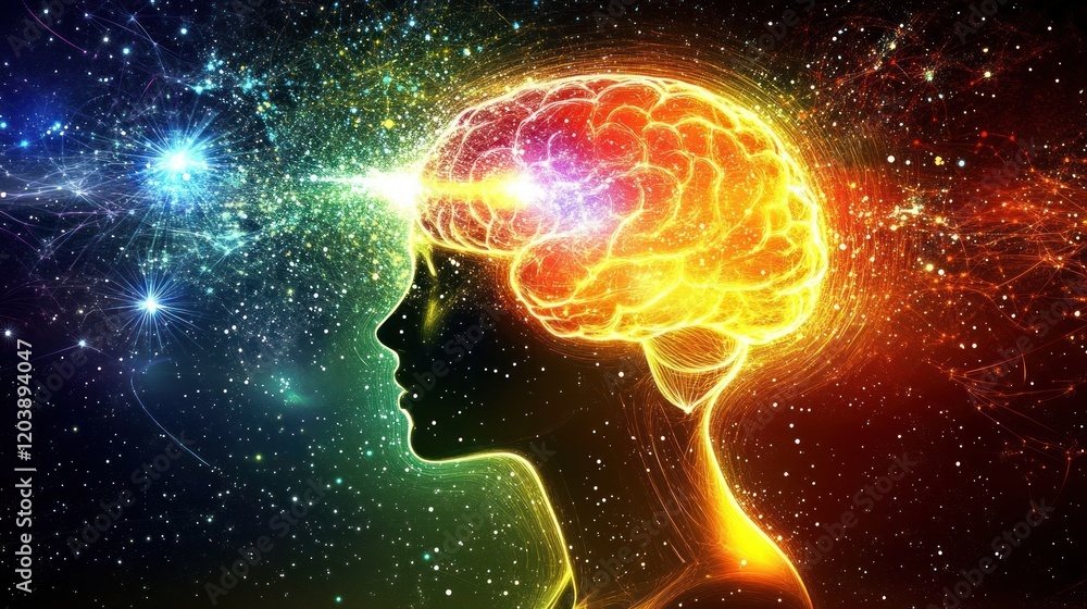 Abstract illustration of a glowing brain within a person's head against a vibrant cosmic background. Abstract illustration of a glowing brain within a person's head against a vibrant cosmic background.