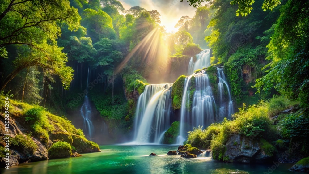 Fototapeta premium Mystical Waterfall Double Exposure: Lush Green Landscape & Dreamy Cascade