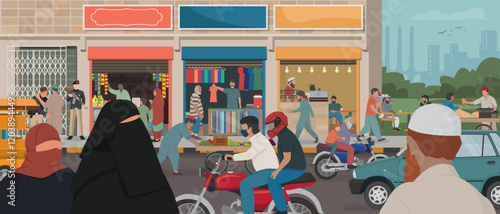 Pakistan street market. Local marketplace, traditional shops, vendors and customers. Traditional oriental marketplace,  vector illustration