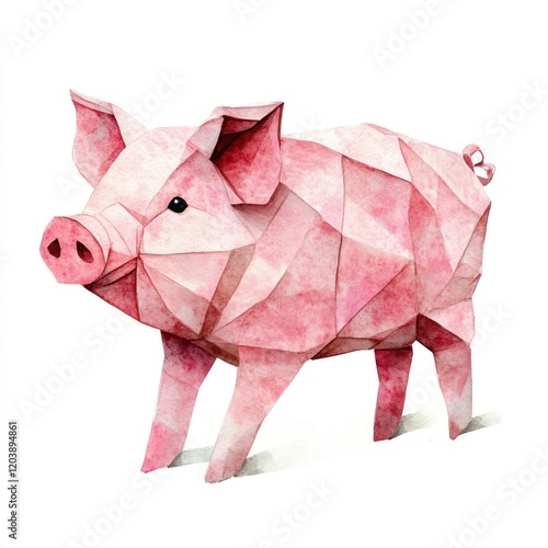 Watercolor pig, geometric style, isolated on white, children's book illustration photo