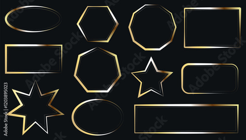 Set of gold metal frames of different shapes on a black background. Empty space for an image, painting, postcard, photograph, text. Vector illustration