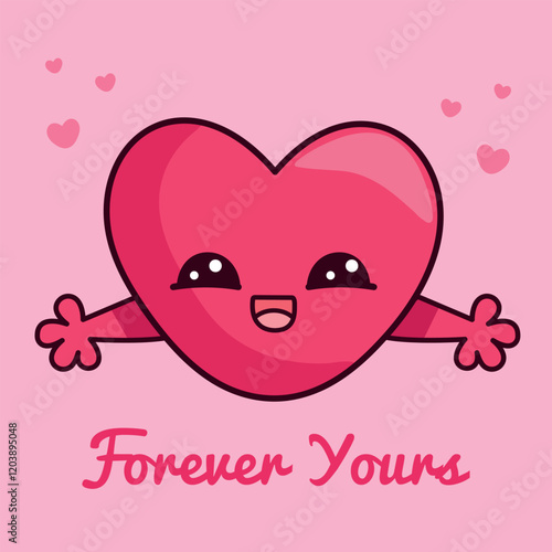 Funny valentine card with pink heart in kawaii style.Vector character illustration