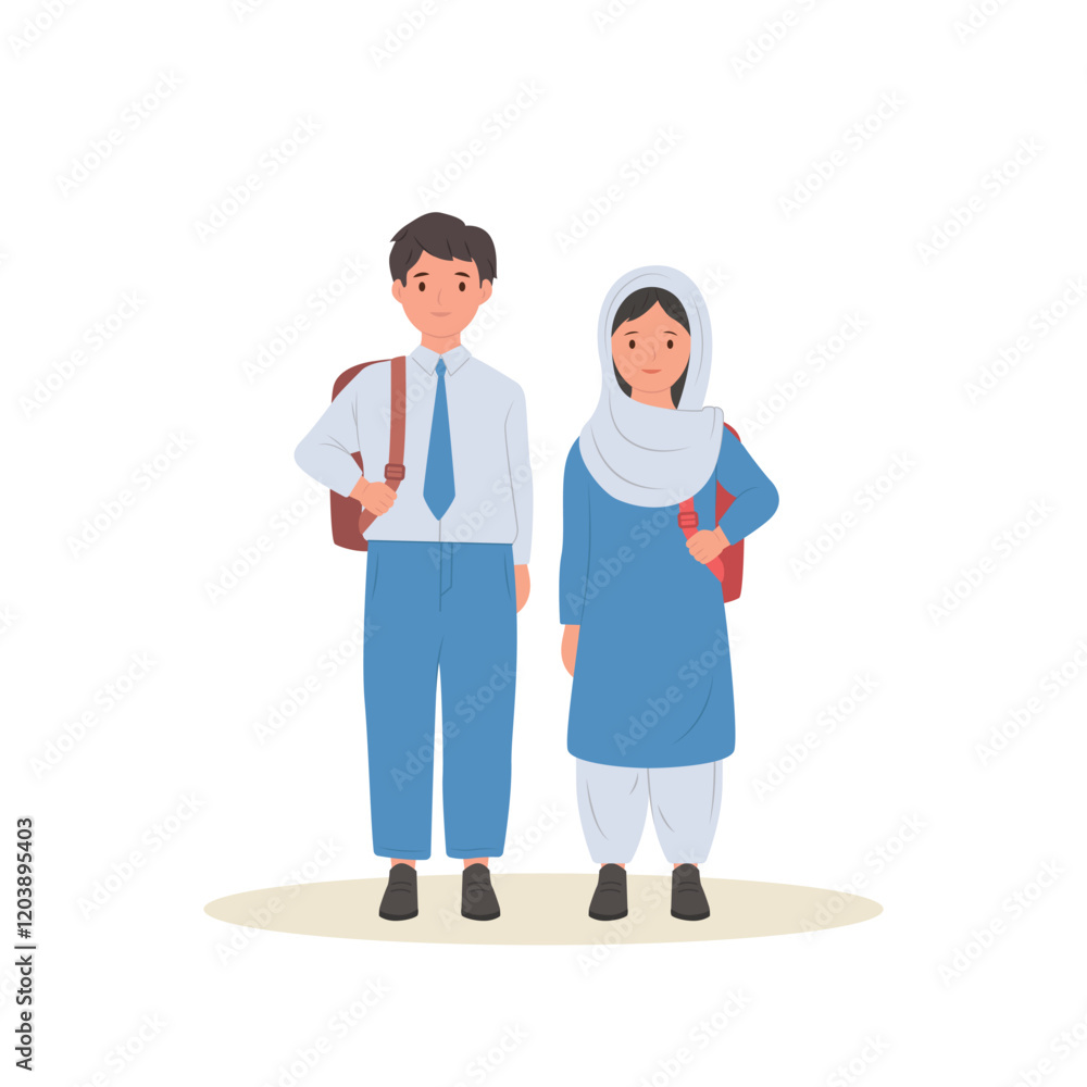 Pakistan school students with backpacks. Boy and girl Cartoon vector illustration banner Pakistan school students with backpacks. Boy and girl Cartoon vector illustration banner