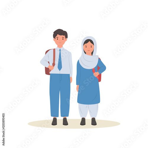 Pakistan school students with backpacks. Boy and girl Cartoon vector illustration banner