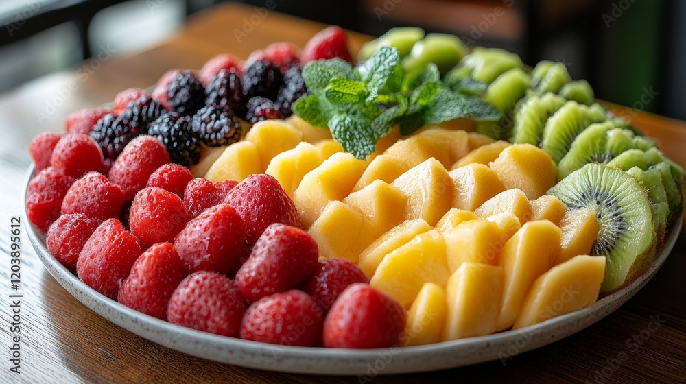 A vibrant fruit platter showcasing a medley of fresh seasonal delights including strawberries, blackberries, cantaloupe and kiwi, beautifully arranged A vibrant fruit platter showcasing a medley of fresh seasonal delights including strawberries, blackberries, cantaloupe and kiwi, beautifully arranged