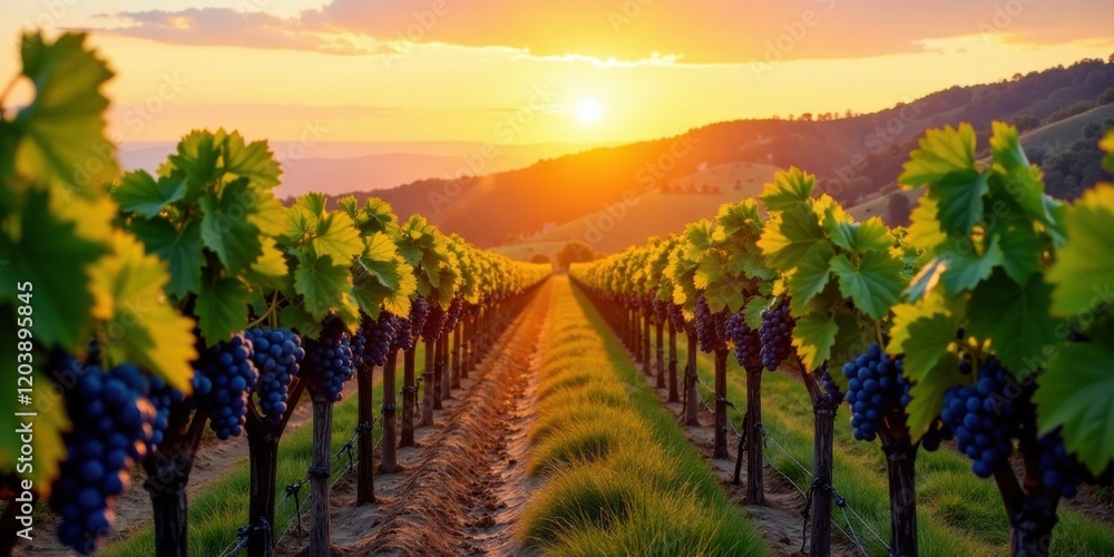 Fototapeta premium Golden Hour Vineyard Rows at Sunset Lush Grapevines Heavy with Ripe, Dark Berries
