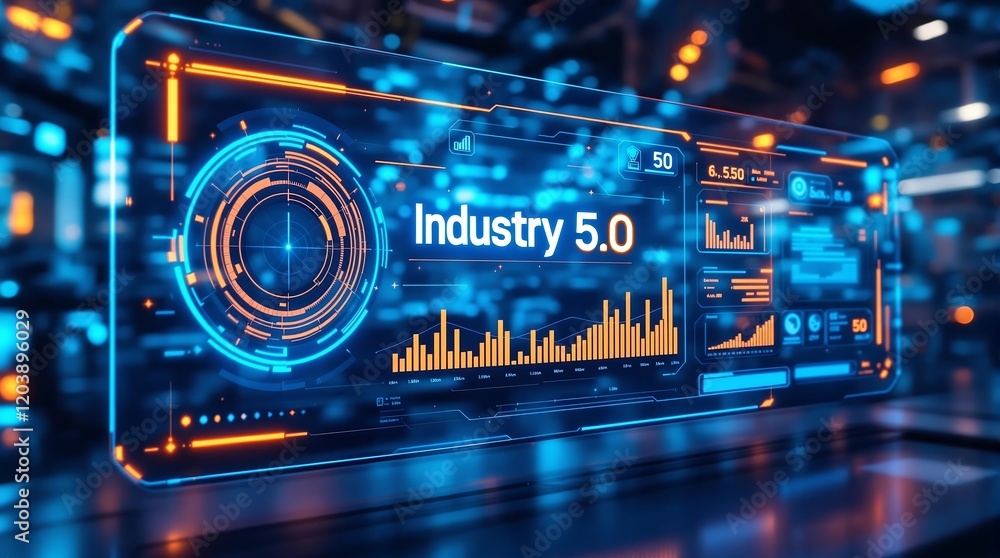 Fototapeta premium Futuristic control panel symbolizing Industry 5.0 focus on human-machine collaboration for enhanced manufacturing efficiency