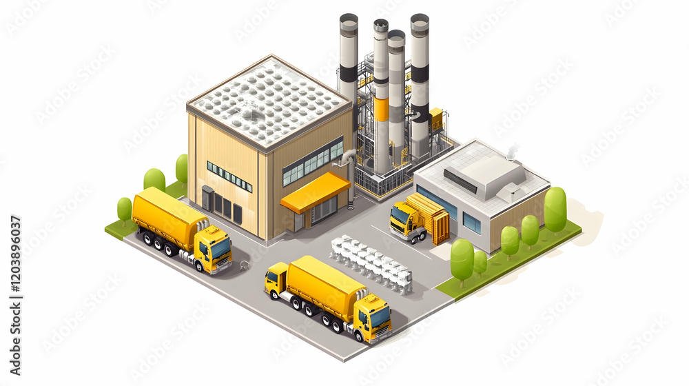 Industrial complex with trucks, factory, and smokestacks; isometric illustration for manufacturing or industrial reports Industrial complex with trucks, factory, and smokestacks; isometric illustration for manufacturing or industrial reports